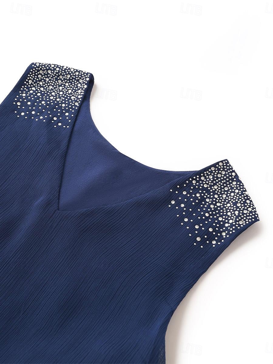 Women's Wedding Guest Cocktail Dress Chiffon Tiered Plain Layered Sequin Elegant Mini Dress V Neck Sleeveless Navy Blue Green Summer 2025 - $62.99 –P2