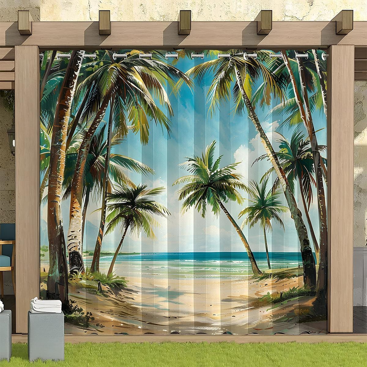 Wasserdichter Outdoor Vorhang Sichtschutzvorhang für den Außenbereich, Schiebevorhänge für die Terrasse, Pergola mit Ösen, Strand-Palmen-Landschaft für Pavillon, Balkon, Veranda, Party, 1 Panel 2025 - $37.99 –P3