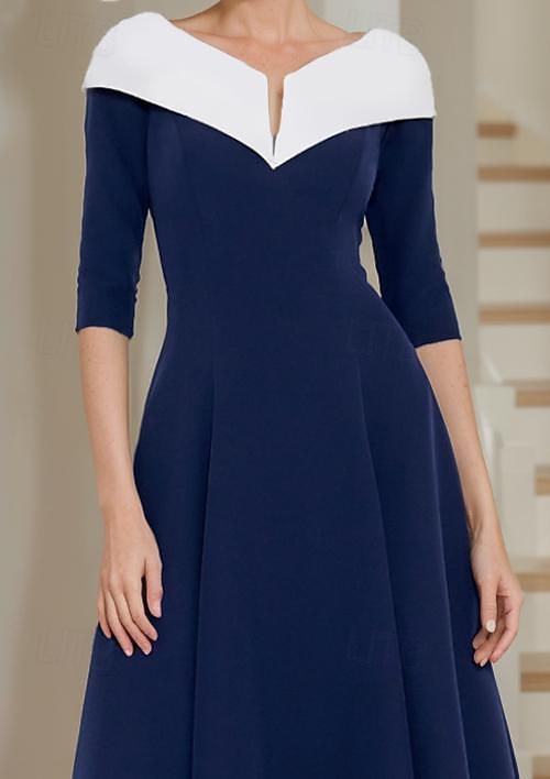 A-Linie Brautmutterkleid Eleganter V-Ausschnitt Tee-Länge Stretchstoff Halbarm mit Farbblock 2025 kostenlose Maßanfertigung 2025 - $155.99 –P3