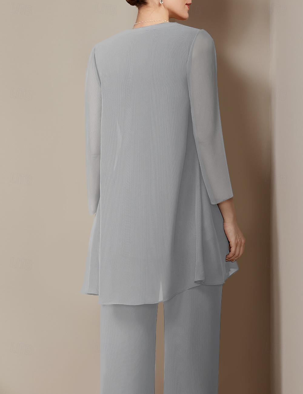 Strand Hochzeits-Jumpsuits Mutter der Braut Hochzeitsgast Eleganter Rundhalsausschnitt Knöchellang Chiffon Langarm mit Spitze 2025 kostenlose Maßanfertigung 2025 - $171.99 –P2