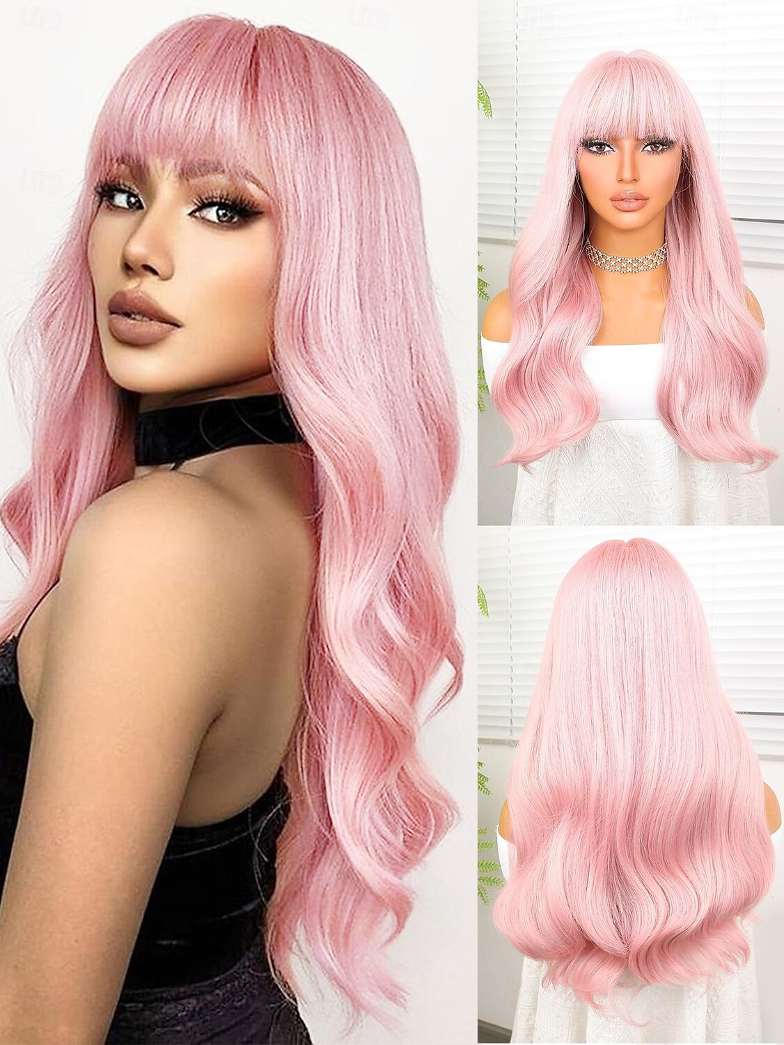 Synthetic Wig Deep Wave Neat Bang Wig 22 inch Pink+Red Synthetic Hair 22 inch Women Pink 2025 - $23.99 –P1