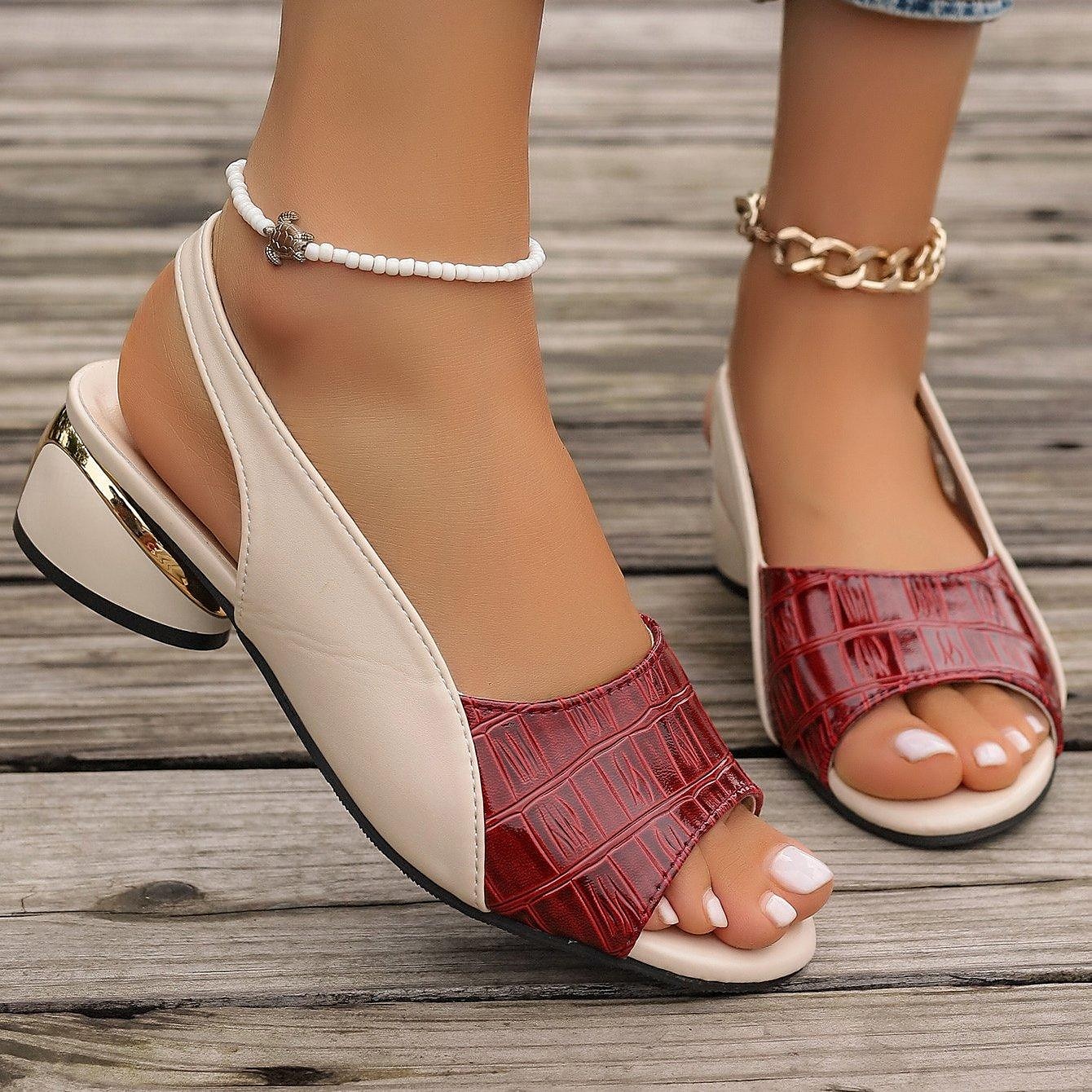Women's Green and Beige Open-Toe Slingback Sandals – Crocodile Pattern Design with Gold Heel Accents for Casual and Elegant Summer Outfits 2025 - $32.99 –P1