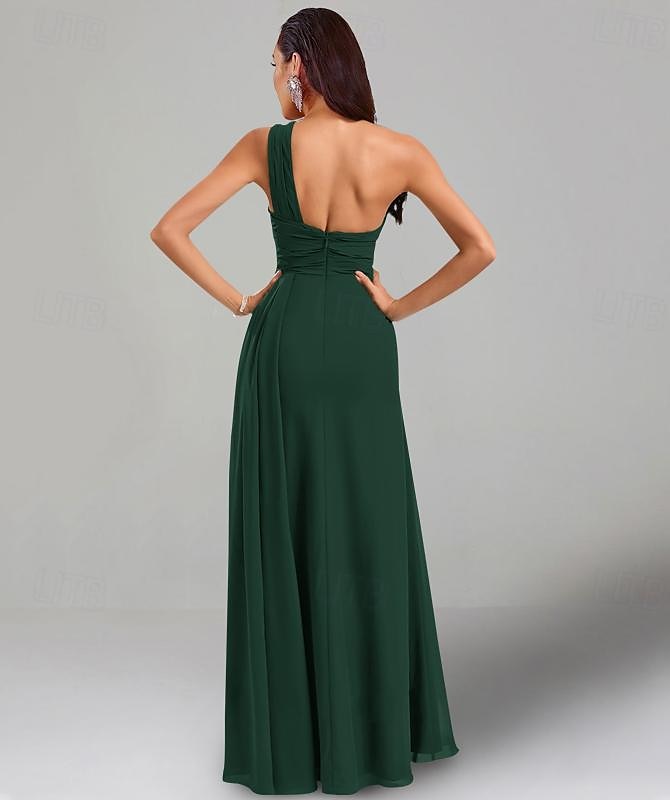 Rochii de oaspeți la nuntă A-Line Rochie Elegantă Cravată Neagră Lungime Pardoseală Mâneci Scurte cu Un Umăr Rochie de Domnișoară de Onoare Chiffon cu Pliseuri 2025 - $153.99 –P3