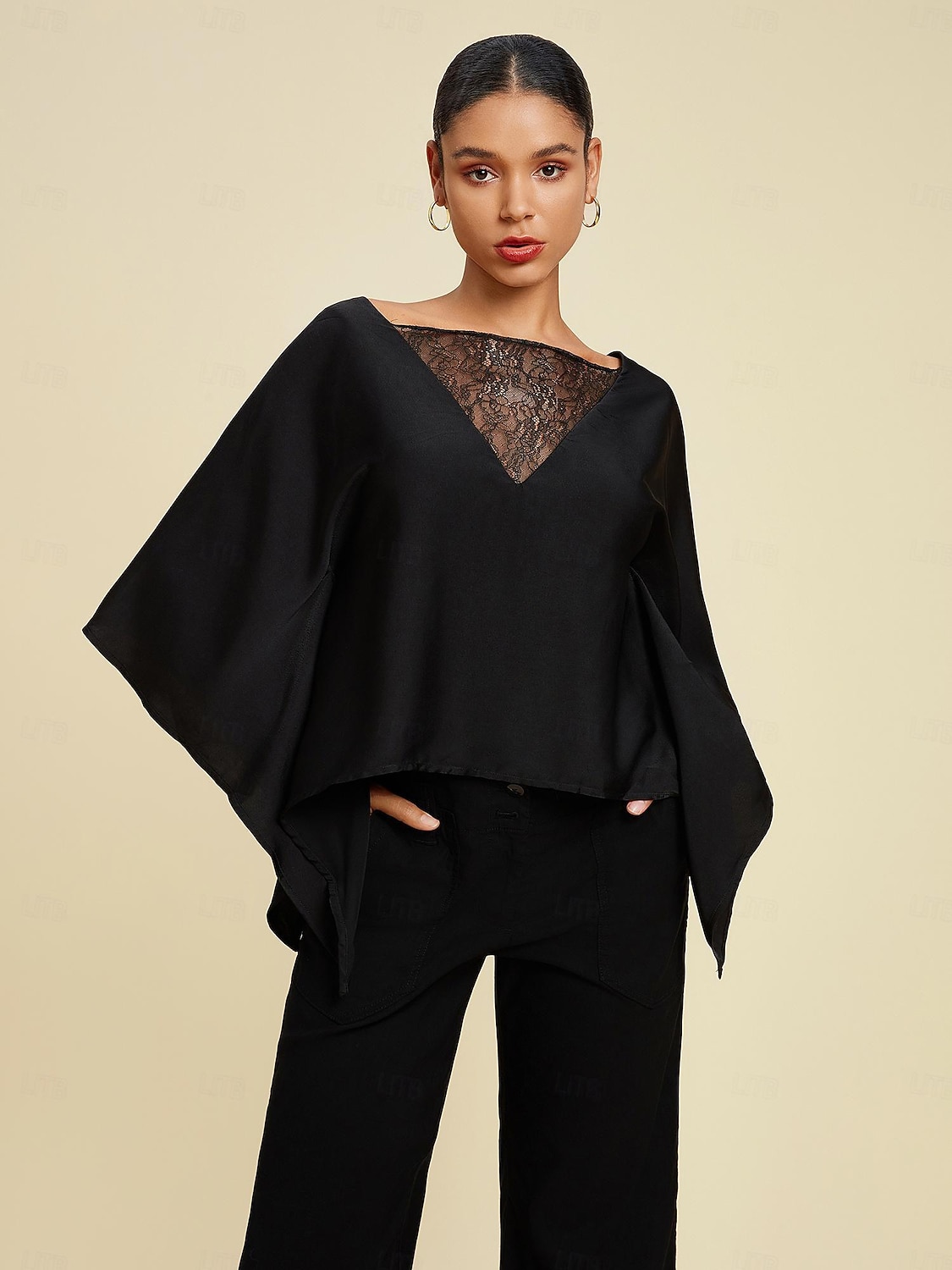 Dam Summer Tops Enfärgad / vanlig färg Ledigt / vardag Helgen Fladdermusärm Svart Spets Dolman Ledigt vardag Båthals Sommar 2026 - $67.99 –P8