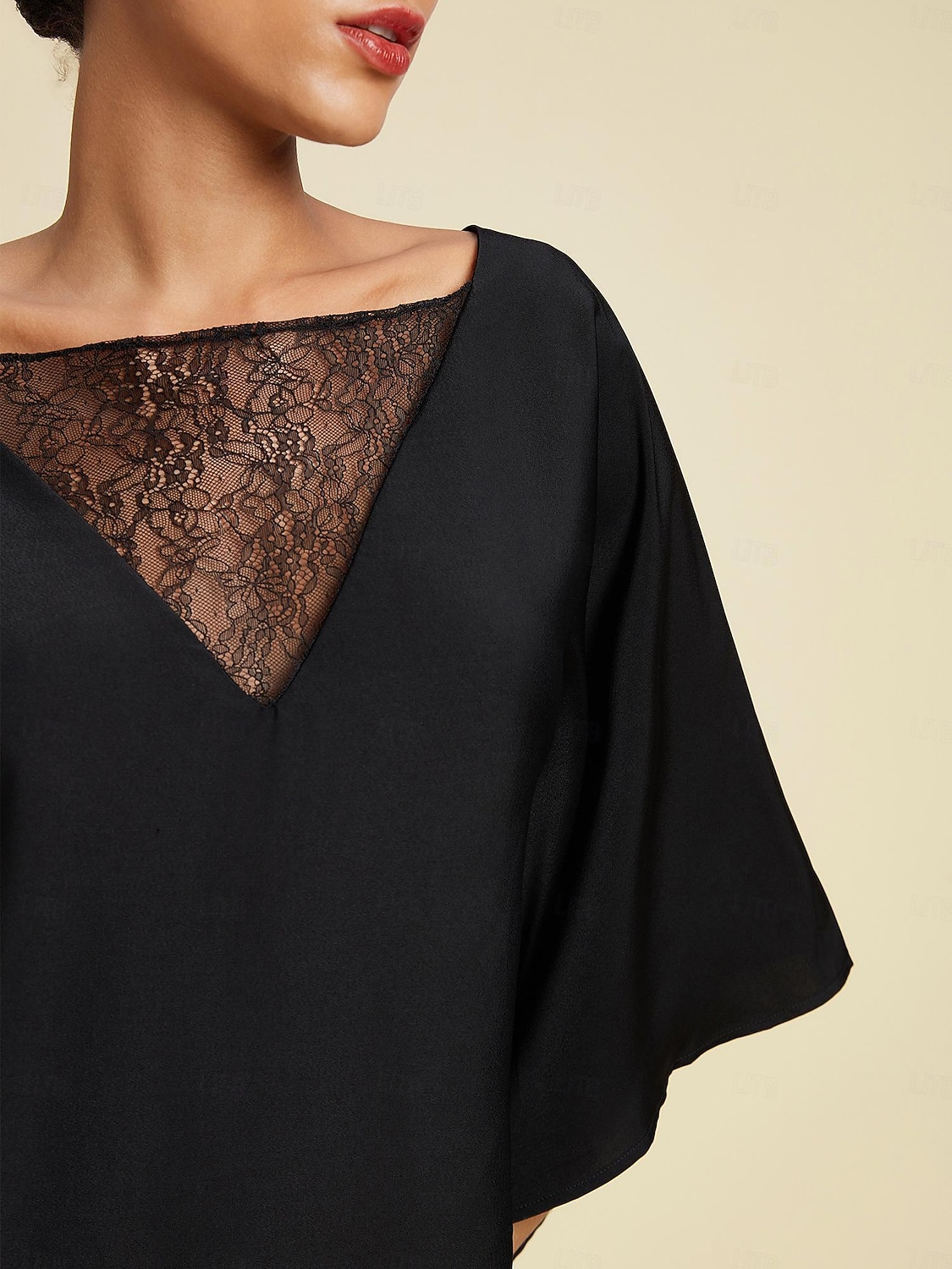 Dam Summer Tops Enfärgad / vanlig färg Ledigt / vardag Helgen Fladdermusärm Svart Spets Dolman Ledigt vardag Båthals Sommar 2026 - $67.99 –P2