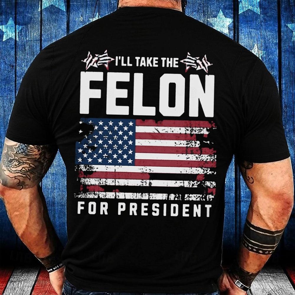 2026年 男性用グラフィックTシャツ「私は犯罪者を大統領にするつもりだ」アメリカンフラッグショートスリーブ政治声明  コレクション – $17.49 –P1