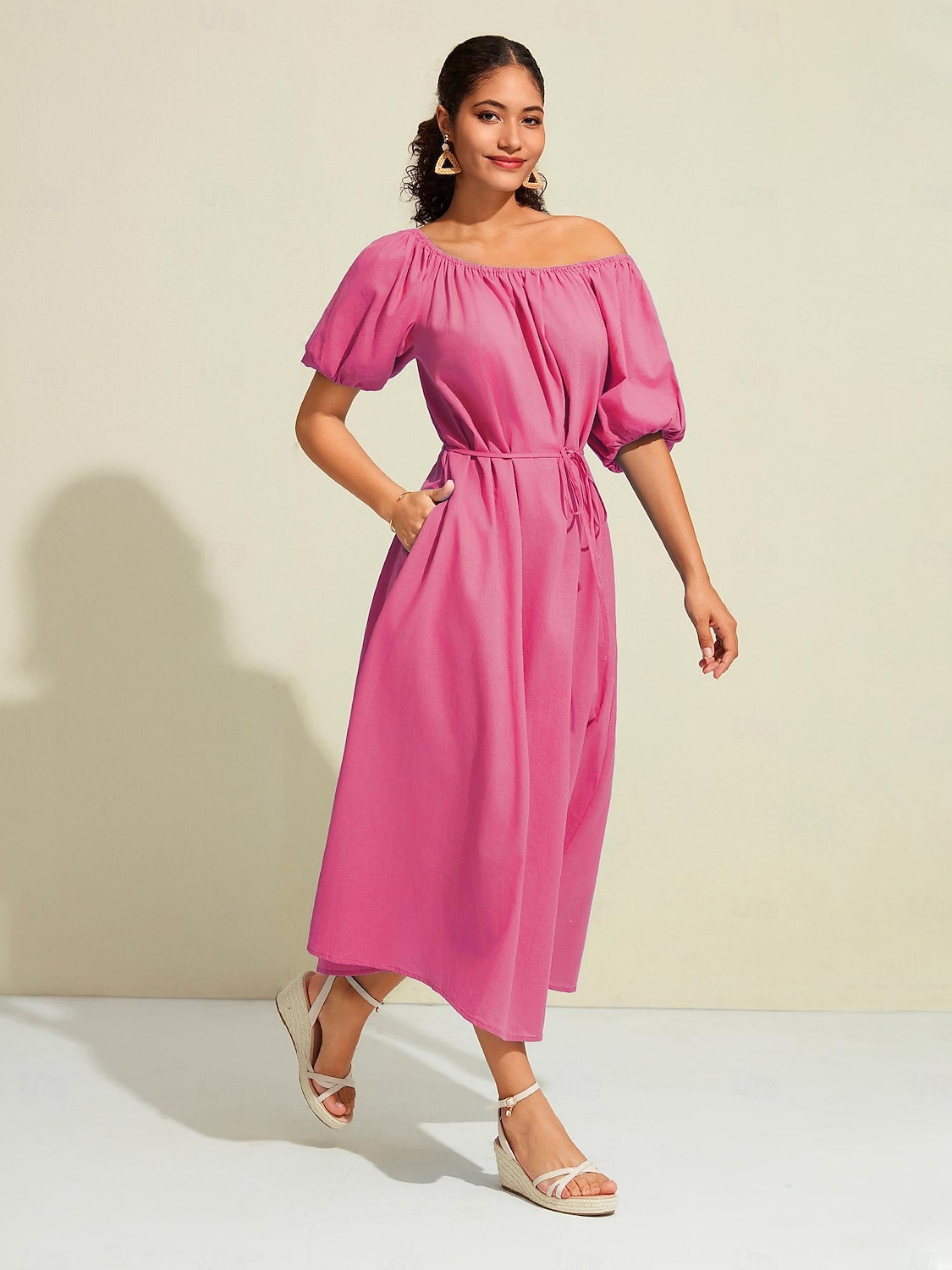 kvinners maxikjole i bomull fritidsklær feriekjole grønn løs passform off-shoulder puffermer en linje sommerkjole 2025 - $52.99 –P9