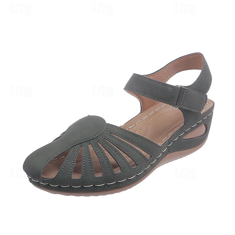 Sandales compensées rétro pour femmes, couleur unie, bout fermé, chaussures découpées, sandales décontractées à bride arrière, noir, bleu, orange de 2025 ? $24.99 –P10