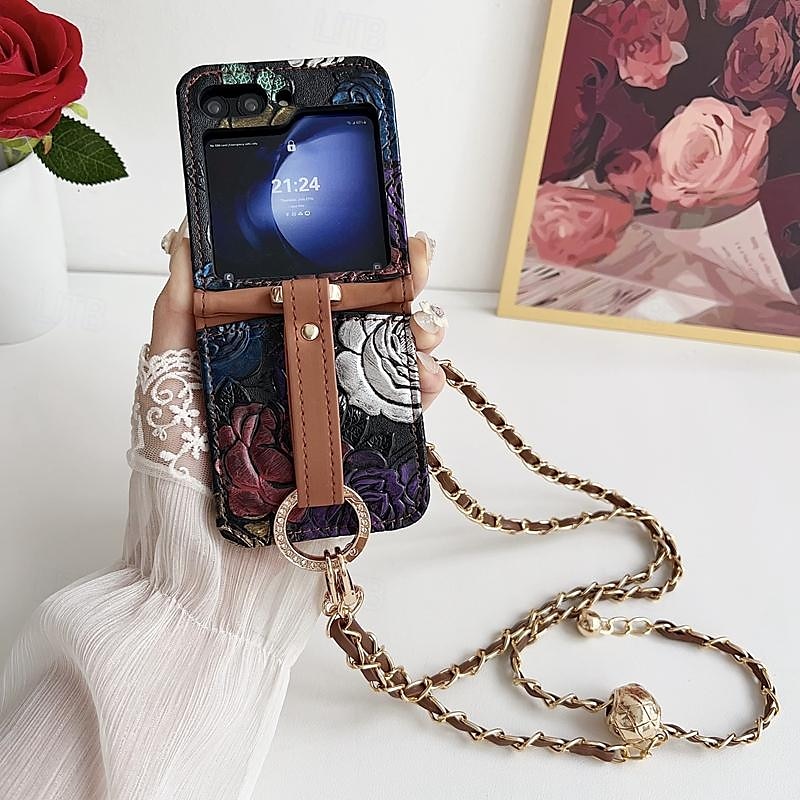telefone Capinha Para Samsung Galaxy Z Virar 6 Z Flip 5 Z Flip 4 Z Flip 3 Capa traseira com cordão com pulseira Slot para cartão TPU Couro PU de 2025 por $22.99 –P3