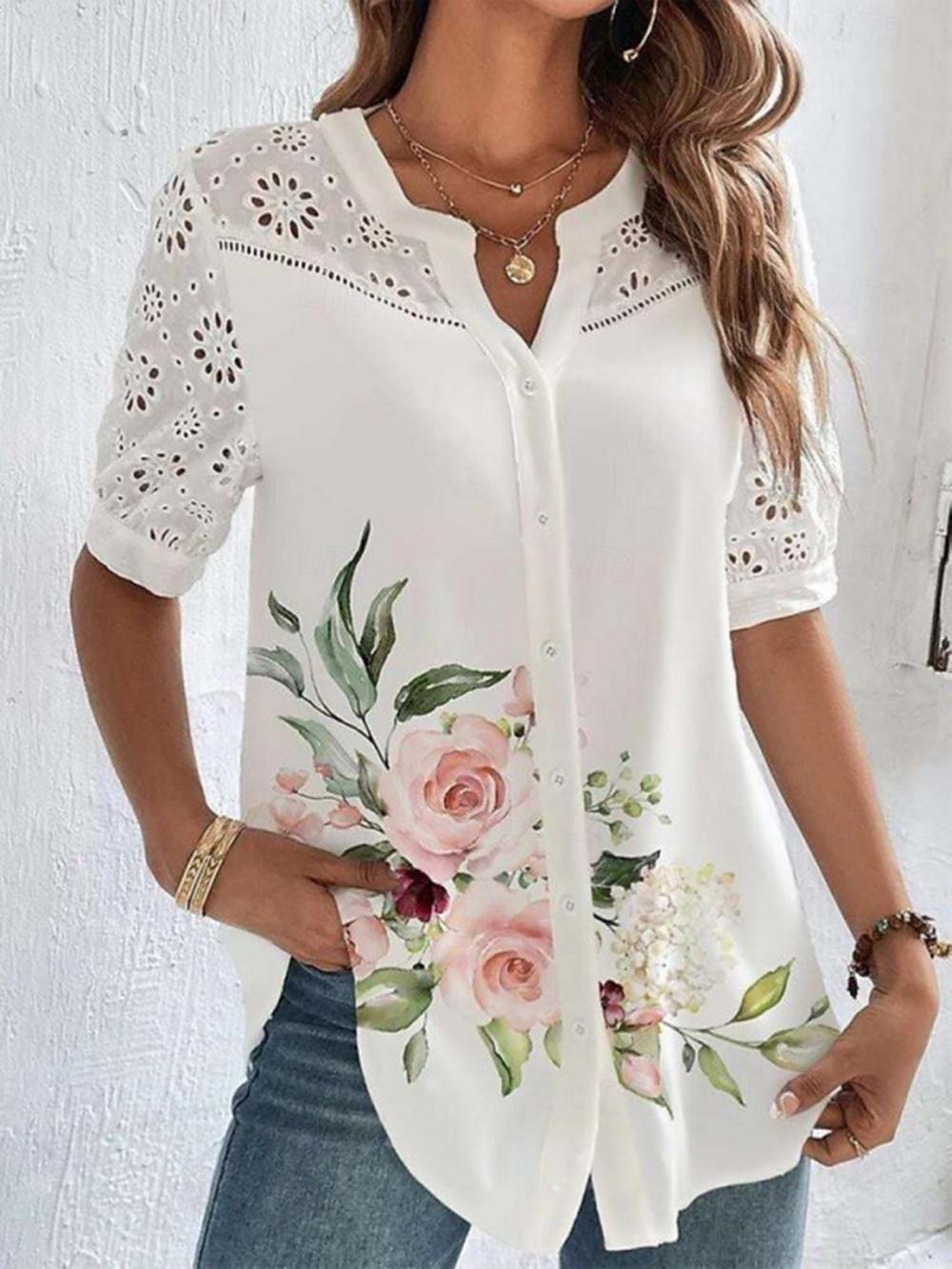 Women's Shirt Blouse Dressy Tops Casual Floral Buttons Cut Out Print Short Sleeve Regular Tops V Neck Vacation Daily Black Pink Blue Light Blue Summer 2025 - $31.99 –P2