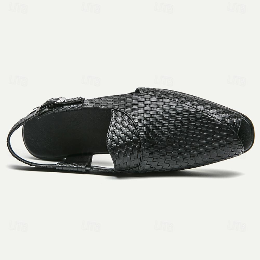 miesten mustat kudotut nahkasandaalit - tyylikkäät avokärkiset slingback-kengät solkihihnalla 2025 - $54.99 –P2