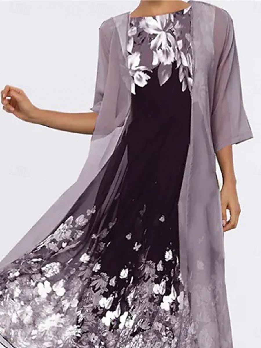 Femme Robe Ensemble Robe de Mousseline Grande occasion Floral Imprimer Robe Maxi Demi Manches Col Ras du Cou Soirée Violet Gris Eté Ample de 2025 ? $41.99 –P1