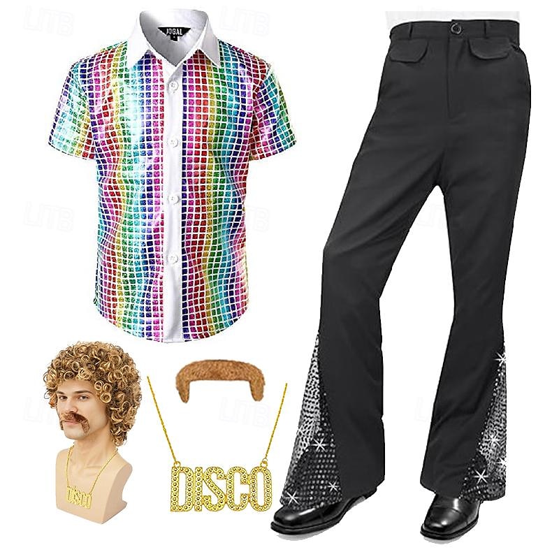 férfi 70-es évek diszkó ingek fémes flitterek rövid ujjú gombos ingek retro vintage 1970-es évek jelmez előadás party színpad halloween 2025 - $60.99 –P14