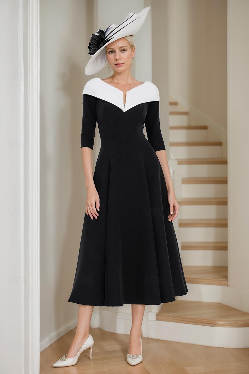 A-Linie Brautmutterkleid Eleganter V-Ausschnitt Tee-Länge Stretchstoff Halbarm mit Farbblock 2025 kostenlose Maßanfertigung 2025 - $155.99 –P5