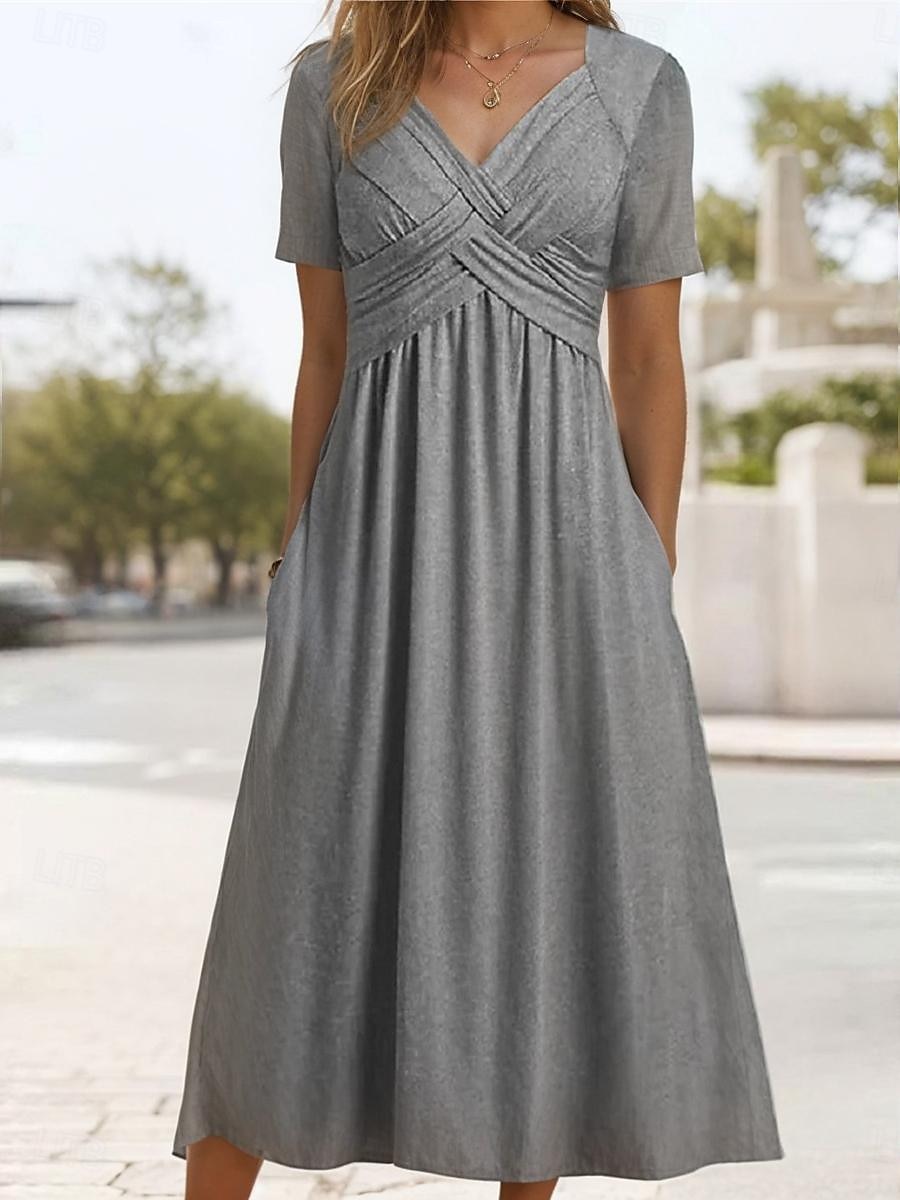 vestito casual da donna vestito midi tasca vacanza streetwear basic scollo a v manica corta nero grigio colore del 2025 a $33.99 –P2