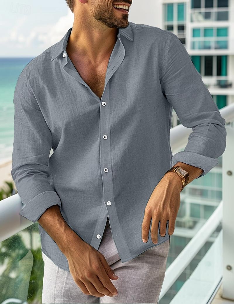 Herren leinenhemd Sommerhemd Strandbekleidung Lässiges Hemd Knopfhemd Glatt Urlaub Curise Schwarz Weiß Rosa Marineblau Langarm Kargen Frühling Sommer Bekleidung 2025 - $23.99 –P5