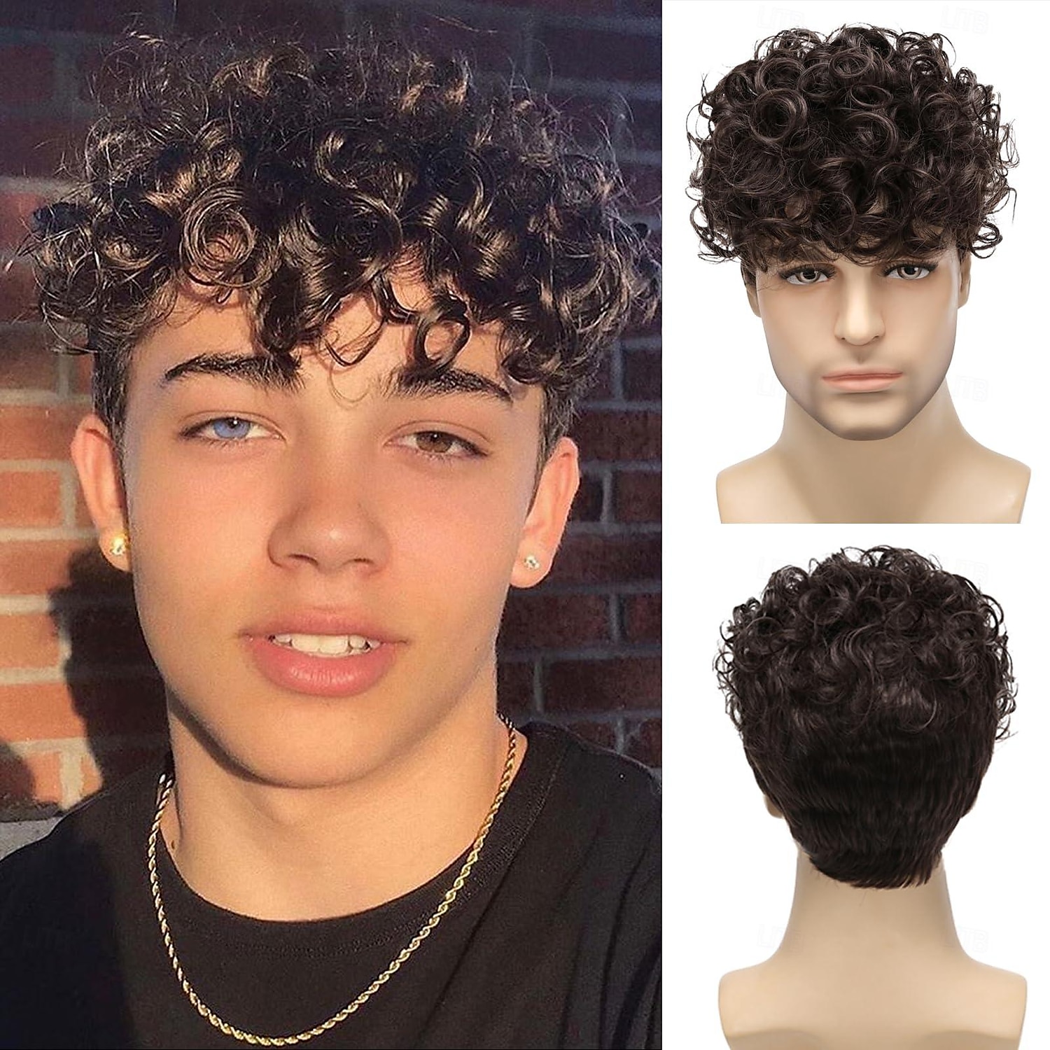 Mens Curly Wigs Dack Brown Short Wig,Synthetic Heat Resistant Costume Wig Mens Daily Cosplay Party Halloween 2025 - $19.49 –P1