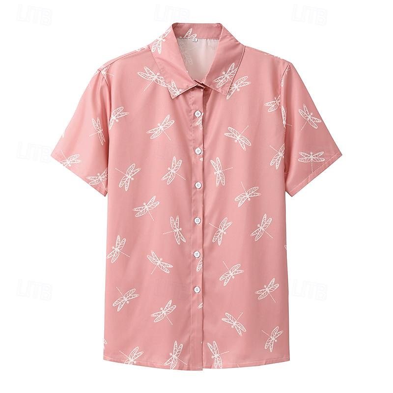 dames casual overhemd korte mouw libellenprint reverskraag knoopsluiting stoffig roze relaxte pasvorm lente zomer mode top dagelijks gebruik maten s-xl 2025 - $26.99 –P1