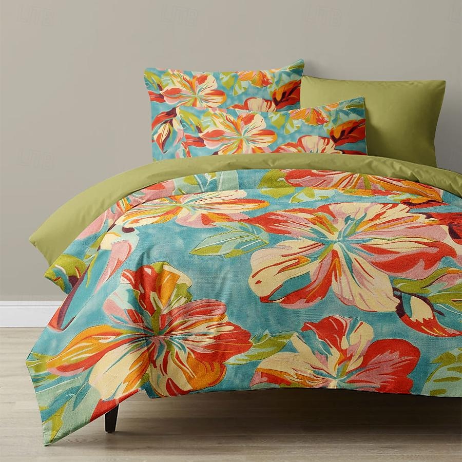 100 % bomull blommigt färgglatt bläck påslakan 3-delat set för sommar mjuk hudvänlig långvarig hotellsäng bekväma set 1 påslakan 2 örngott 2025 - $60.99 –P7