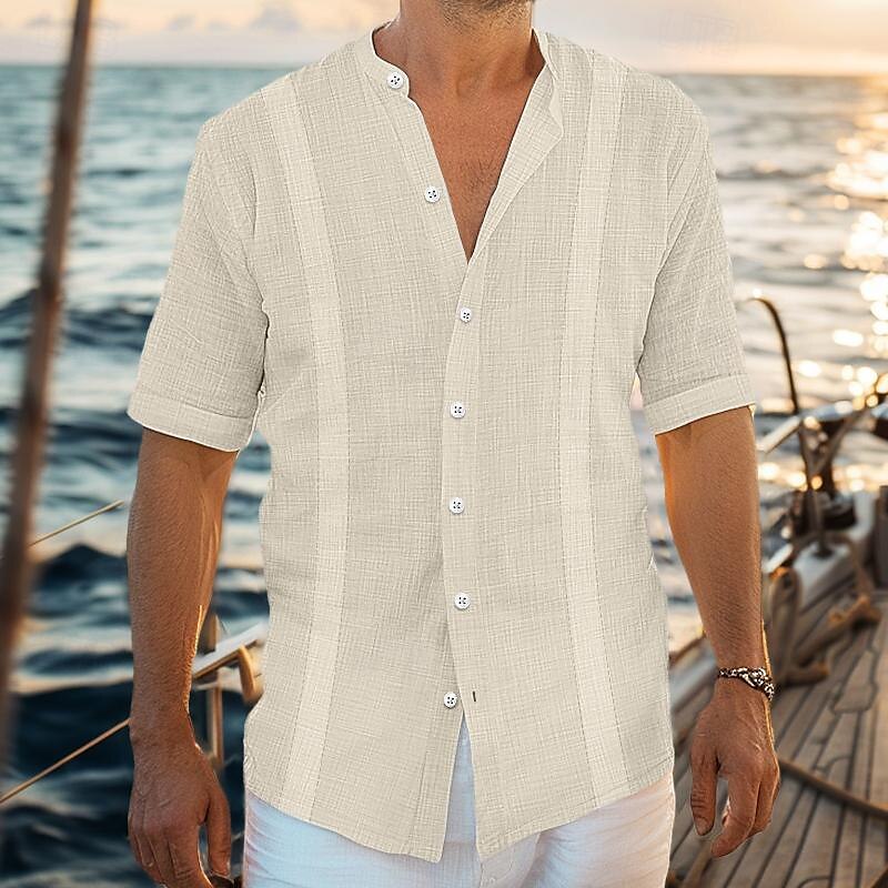 Per uomo Camicia camicia di lino Camicia Guayabera Camicia con colletto a fascia Camicia estiva Abbigliamento mare Liscio Da mare Curise Nero Bianco Blu Verde Manica corta Colletto Estate del 2025 a $22.99 –P2