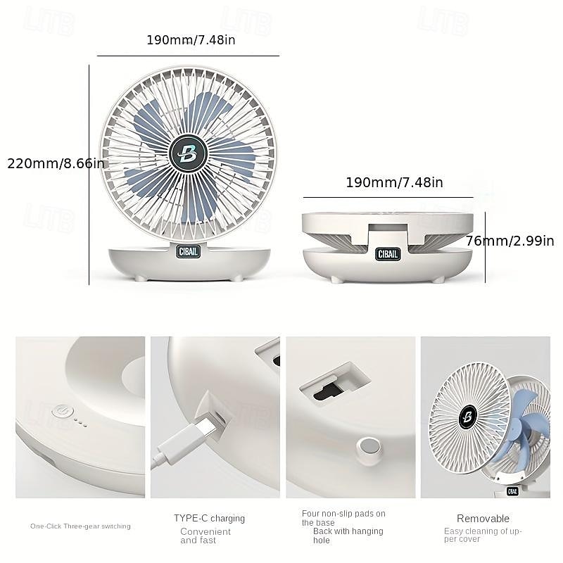 Portable Wall-Mounted Table Fan-3 Speeds, Silent Brushless Motor, Desktop Small Fan USB Type-C Charging, Foldable Air Cooler for Home, Office & Travel 1pc 2026 - $22.99 –P6