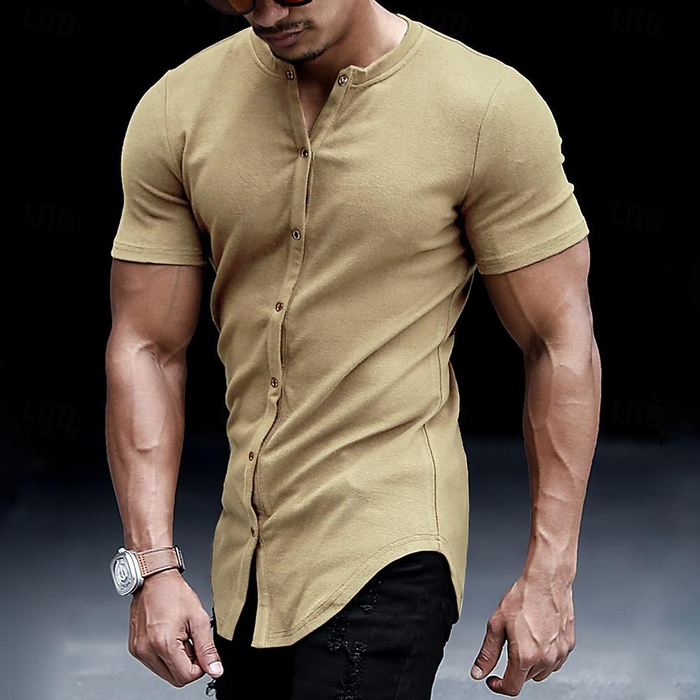 Herr Skjorta T-shirt Cardigan T-tröja Kort ärm Rund hals Sommar Slät Mode Designer Grundläggande Knappar Semester Gata Utekväll Vit Ljusgrå Topp t-shirt för män 2025 - $16.49 -P11