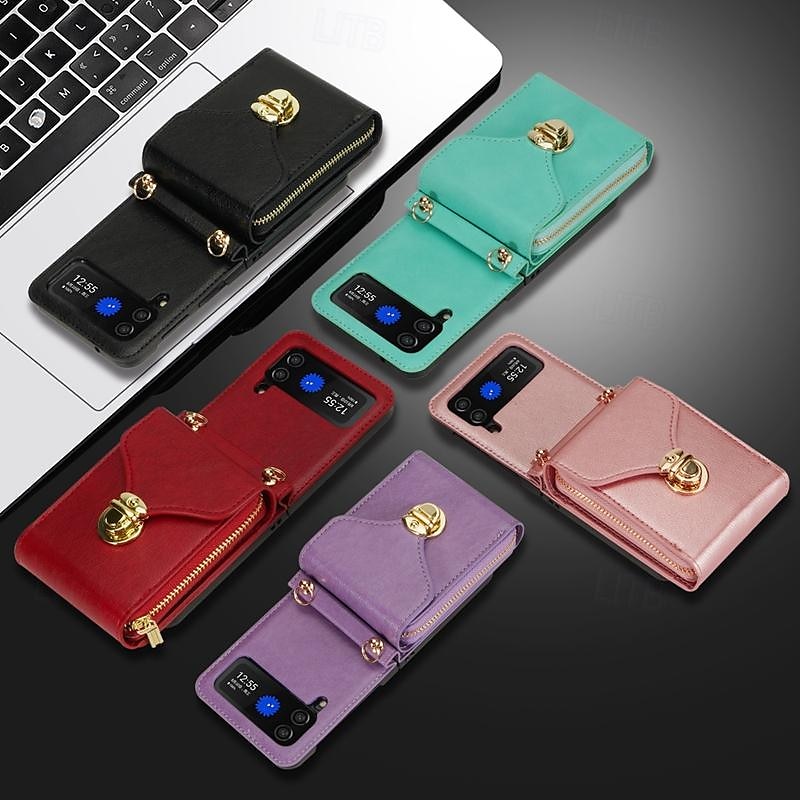 telefone Capinha Para Samsung Galaxy Z Virar 6 Z Flip 5 Z Flip 4 Z Flip 3 Capa traseira Capa articulada Zíper com cordão Slot para cartão Retro PC Couro PU de 2025 por $24.99 –P1