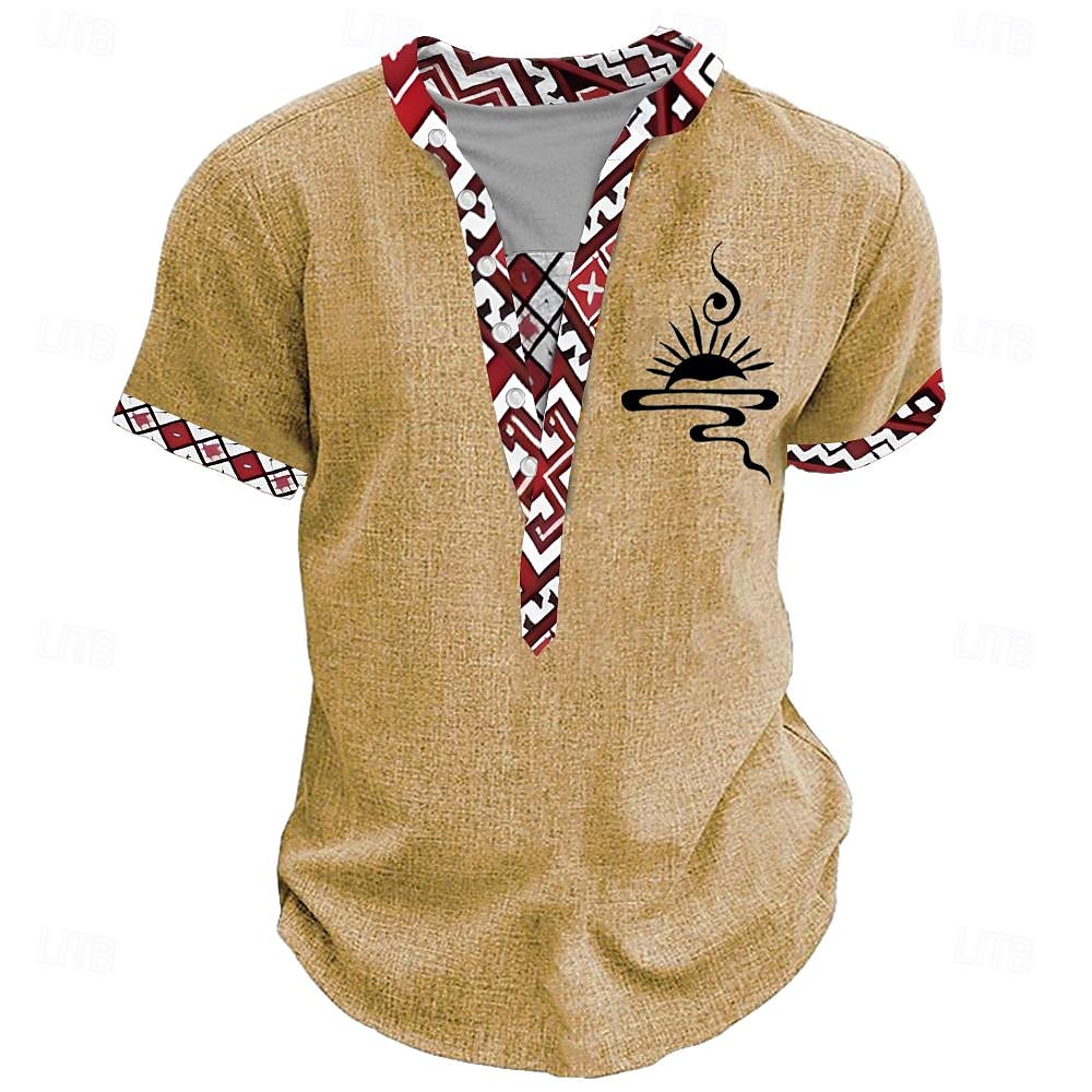 Herre Stamme Afrikansk mønster T skjorte Henly-skjorte Kortermet 3D-utskrift Designer Etnisk Avslappet Daglig Sommer Gul Grønn Kakifarget Henley Henley T-skjorte 2025 - $20.99 –P5