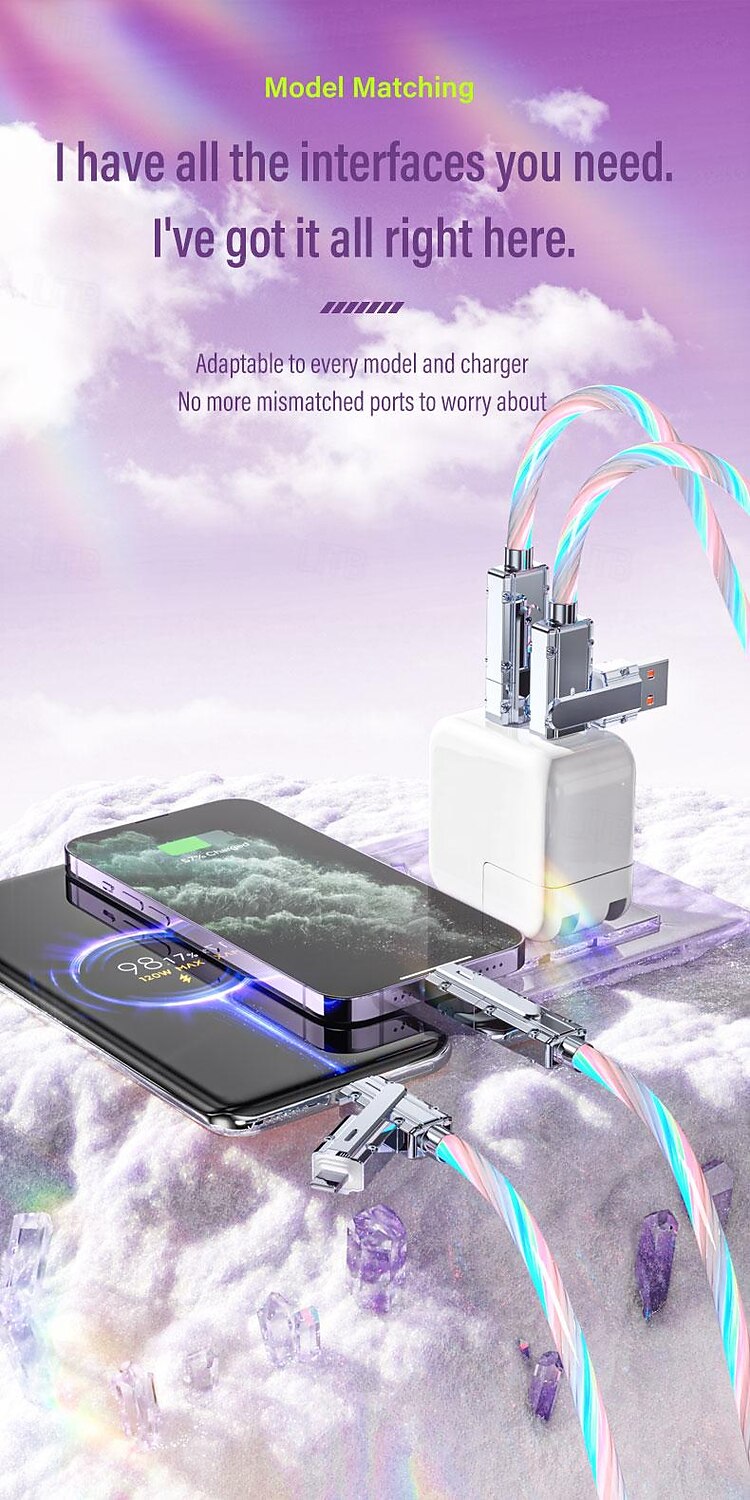 PD27W 100W Zinc Alloy 2-tow 2-star Dazzling Streamer Fast Charging Data Cable 4-in-1 Luminous Charging Cable 2025 - $16.99 –P5