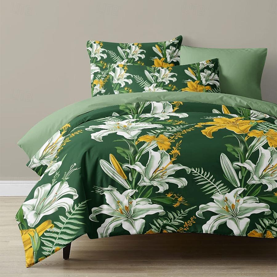Conjunto de edredom de 3 peças com estampa de lírio branco, para quarto de hotel, quarto de hóspedes, conjunto confortável, 1 capa de edredom, 2 fronhas de 2025 por $60.99 –P9