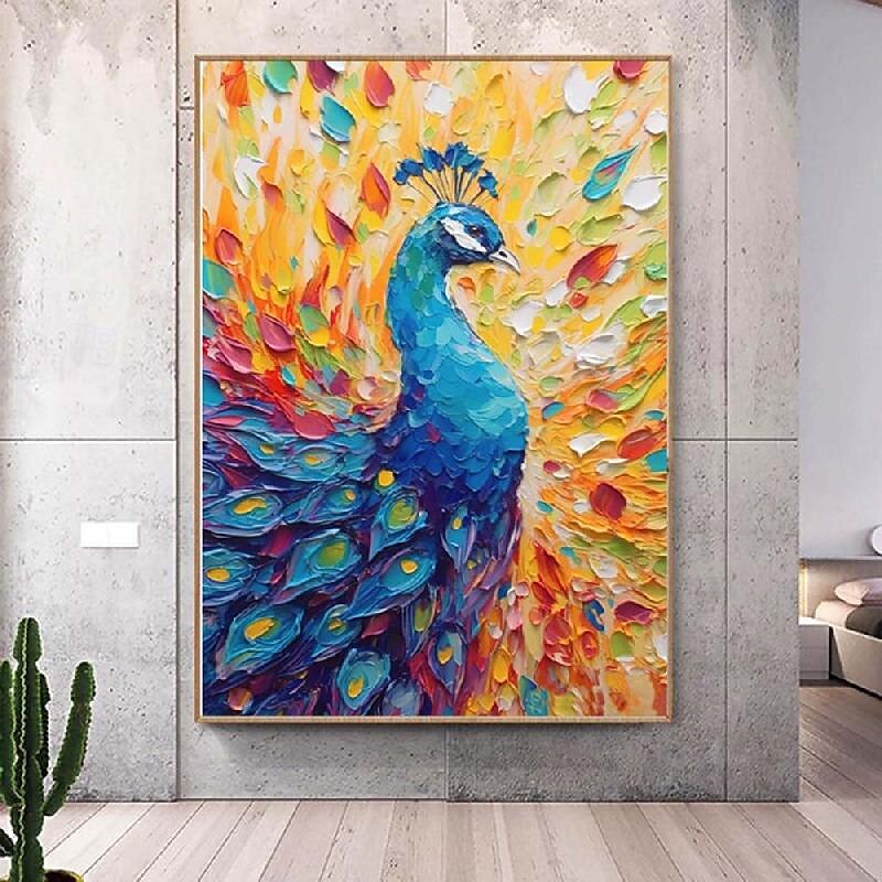 Pfauengemälde, Vogelkunst, Ölgemälde, handgefertigt, farbenfrohes Pfauen-Impasto-Kunstwerk, helles Ölgemälde, Wandkunst, Palettenmesser, heller Vogel, 3D-Strukturkunst, Gemälde für Schlafzimmer, 2025 - $116.99 –P10