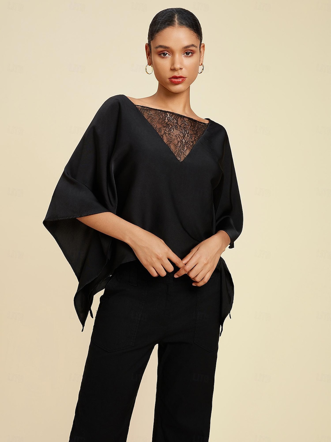 Dam Summer Tops Enfärgad / vanlig färg Ledigt / vardag Helgen Fladdermusärm Svart Spets Dolman Ledigt vardag Båthals Sommar 2026 - $67.99 –P7
