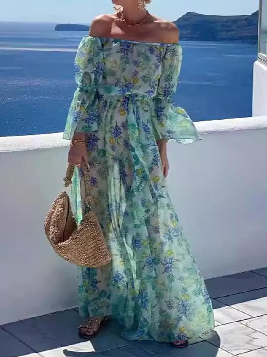 Női Hosszú ruha Maxi ruha hétköznapi ruha Swing ruha A vonalú ruha nyári ruha Stílusos Alkalmi Boho Vakáció Napi Randi Normál Virágos Hosszú ujj Aszimmetrikus Világoszöld Nyár 2025 - $41.99 –P4