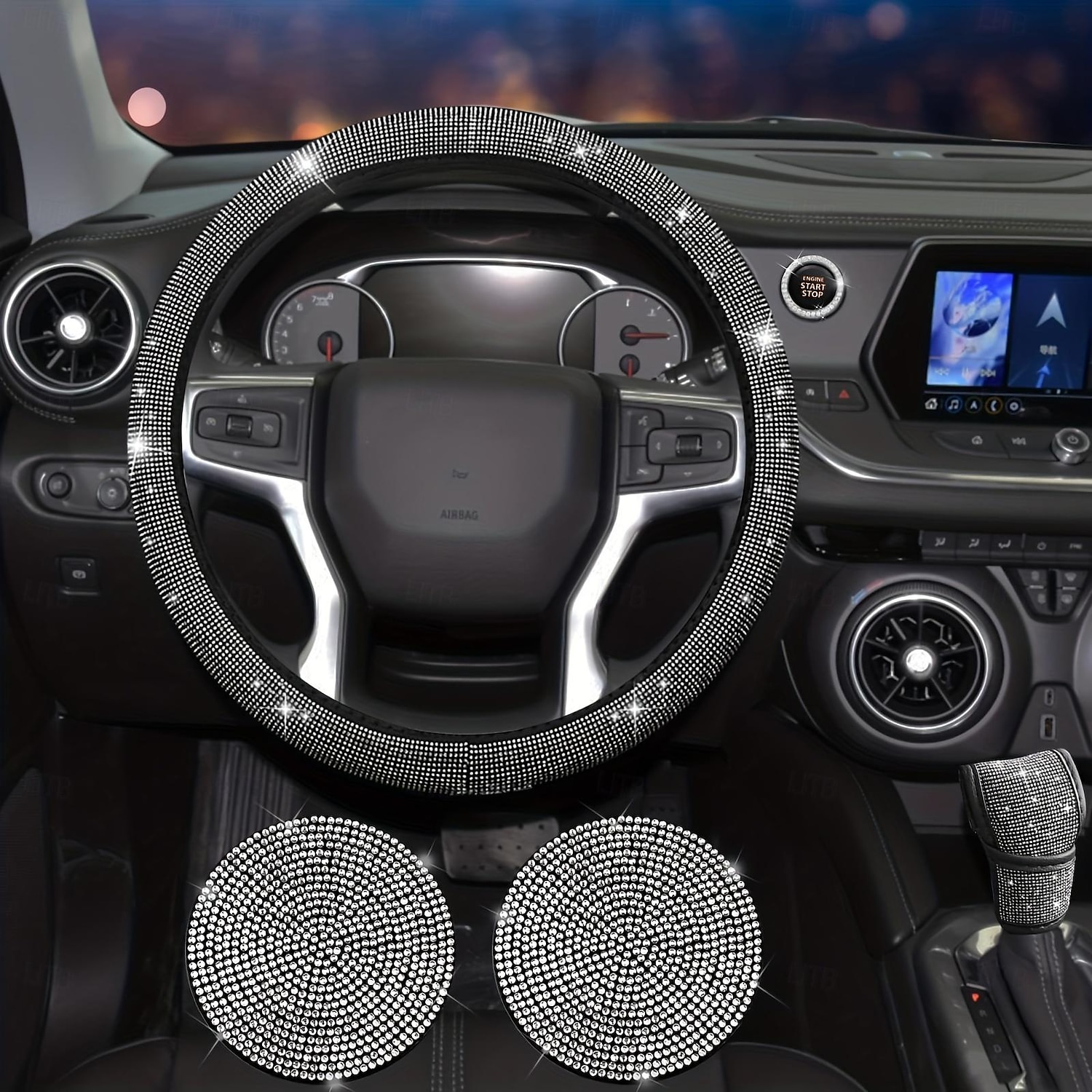 Set da 7 pezzi/set di accessori per auto scintillanti da donna - include sottobicchieri coprivolante, cuscinetti per cinture di sicurezza, adesivo con emblema e copertura del cambio - aggiungi del 2025 a $25.99 –P2