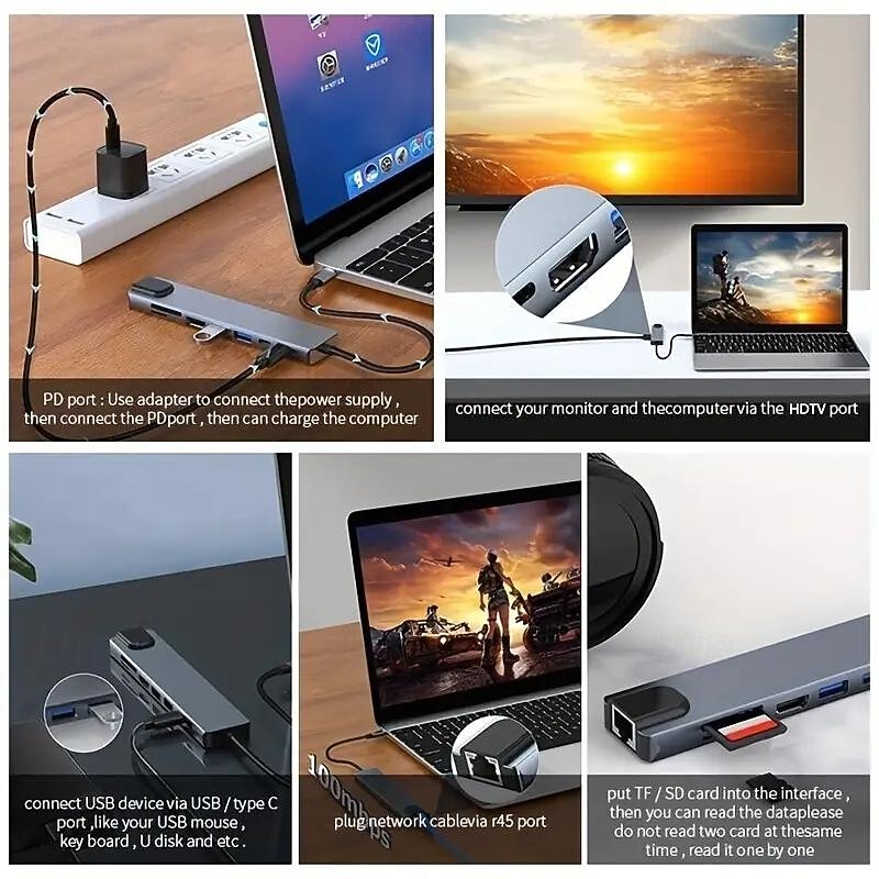 Универсальная док-станция type-c8 с сетевой картой, концентратор USB3.0, док-концентратор для ноутбука 2025 - $26.99 –P5