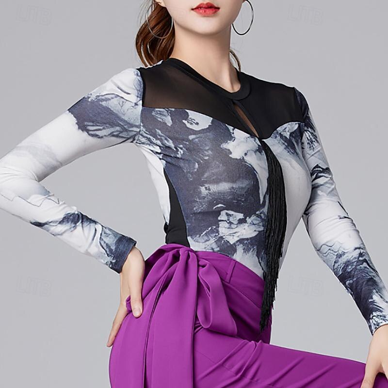 Latinamerikansk dans Tiodans Topp Tryck Tofs Tvinning Dam Prestanda Träning Långärmad Hög Polyester 2025 - $43.99 –P2