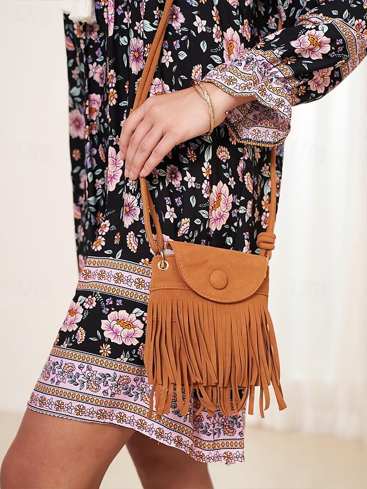 Dámské Crossbody kabelka Taška přes rameno Kbelík Bag Hobo taška PU kůže Denní Dovolená Plážové Třásně Lehká váha Pevná barva Černá Hnědá 2025 - $19.99 –P2