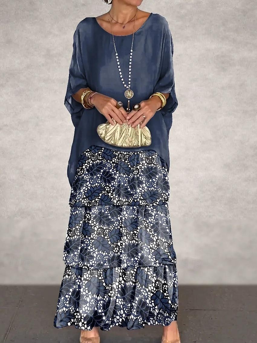 Dame Lang kjole Maxikjole Uformell kjole Sommerkjole Boho-kjole Stilfull Fritid Feriereise Daglig Stevnemøte Normal Geometrisk 3/4 ermer Crew-hals Hvit Navyblå Grønn Sommer 2025 - $52.99 –P3