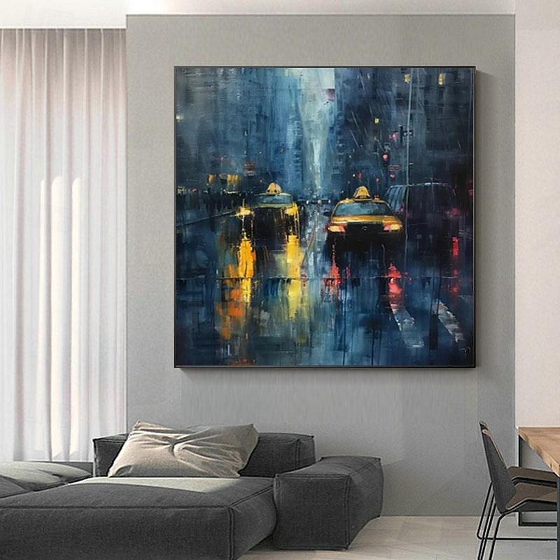 chodec s deštníky v deštivém městě malba olejomalba ručně malovaná deštivé město olejomalba ručně vyráběná panoráma města umění městská malba plátno domácí dekorace natažený rám připravený k zavěšení 2026 - $101.99 –P8