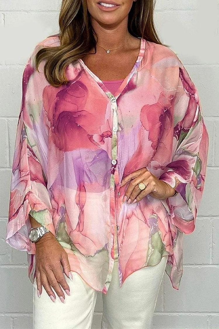 Women's Blouse Elegant Ombre Buttons Flutter Sleeve Long Sleeve Regular Tops V Neck Daily Pink Blue Orange Green Summer Fall 2025 - $27.99 –P3