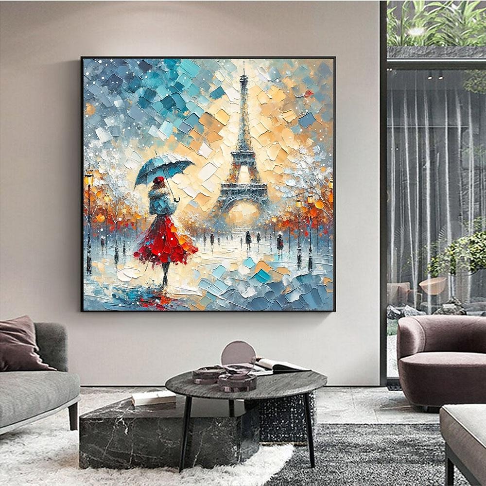 Original verregnete Pariser Eleganz handgemaltes pastoses Ölgemälde lebendige Eiffelturm Straßenszene Wandkunst ungerahmtes Leinwandgemälde 2025 - $131.99 –P3