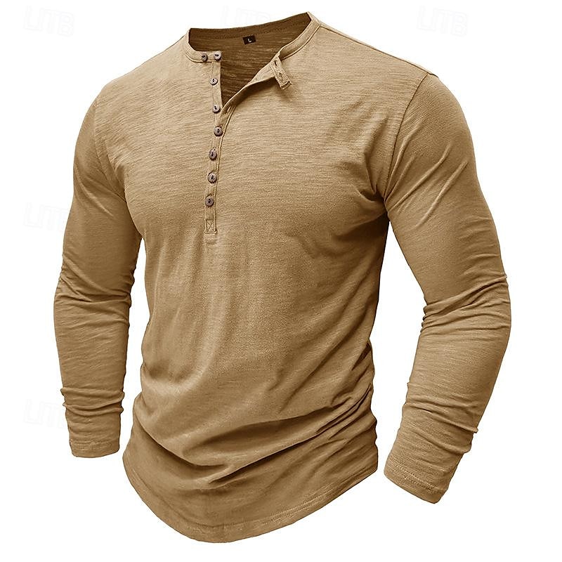 100% Cotton Men's Henley Shirt Tee Top Long Sleeve Shirt Long Sleeve Solid Color Fashion Daily Buttons Henley Outdoor Casual Summer Dark Brown Dark Grey Black Henley T-Shirt 2025 - $22.99 –P14