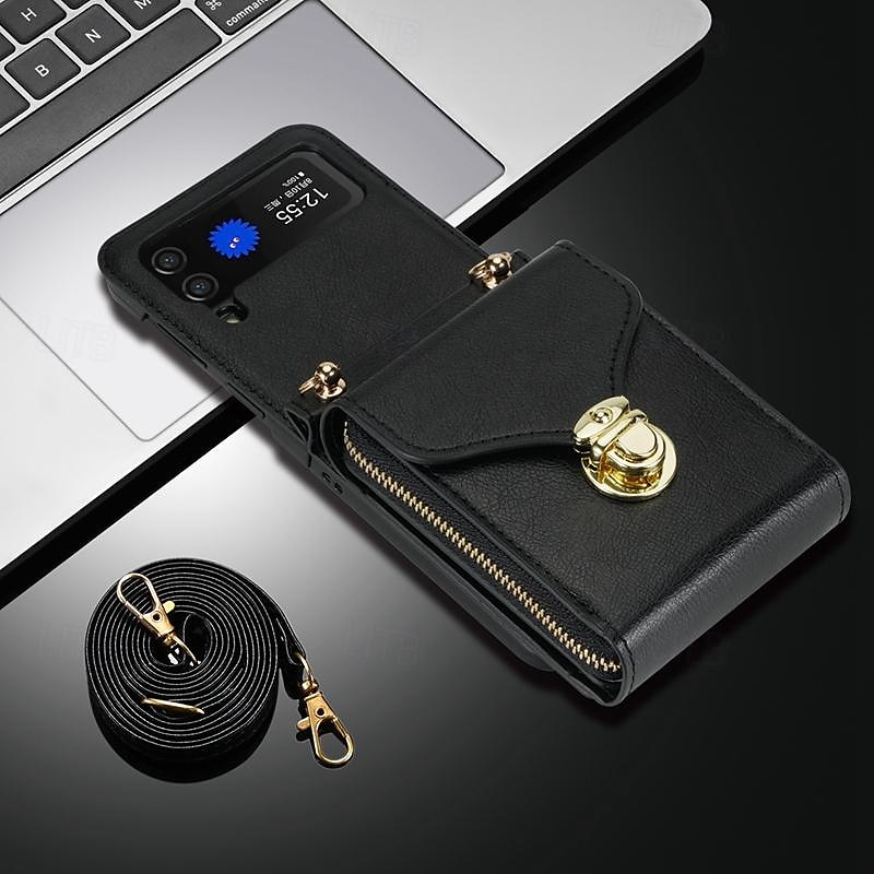 telefone Capinha Para Samsung Galaxy Z Virar 6 Z Flip 5 Z Flip 4 Z Flip 3 Capa traseira Capa articulada Zíper com cordão Slot para cartão Retro PC Couro PU de 2025 por $24.99 –P2