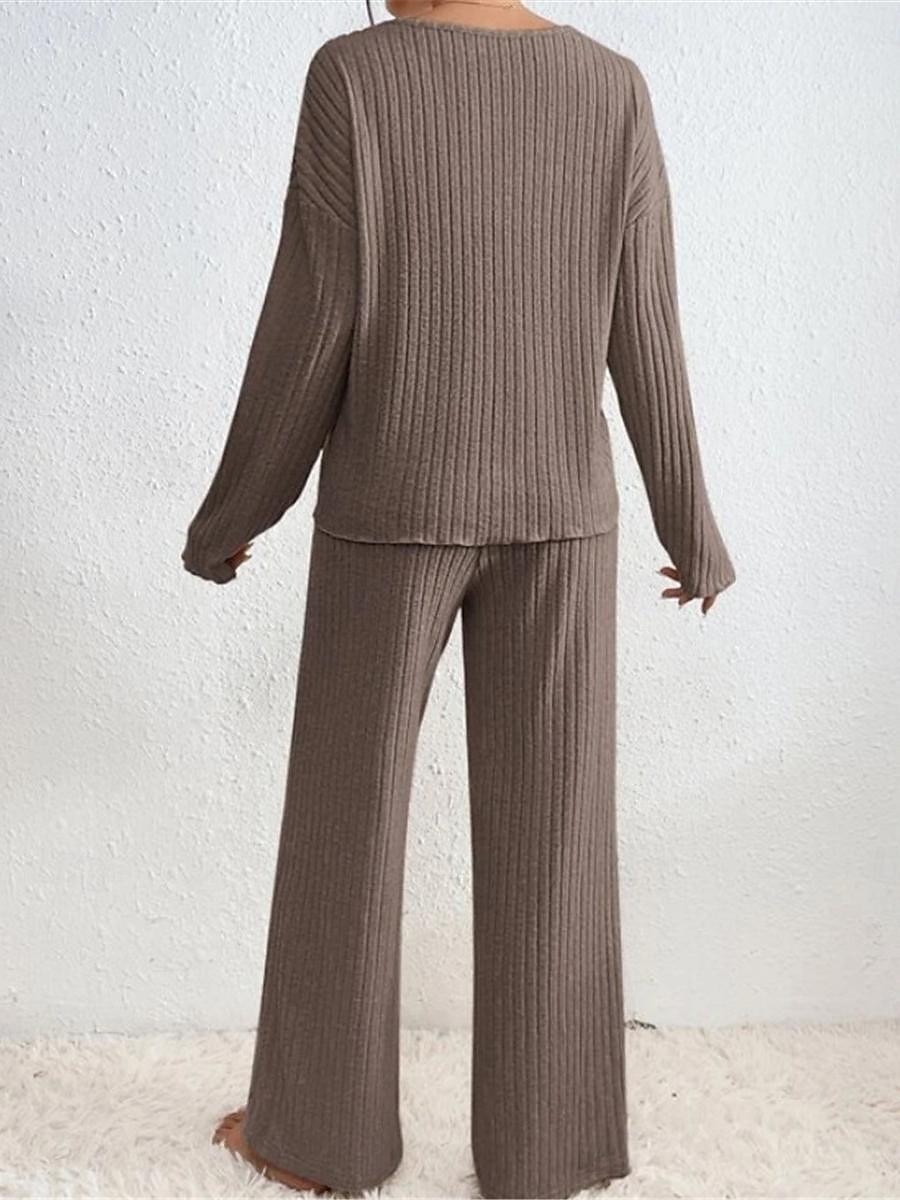 dames pyjama sets pure kleur mode comfort thuis dagelijks bed brei ademend v draad lange mouwen broek elastische taille lente herfst zwart kameel thuis outfits 2025 - $26.99 –P5