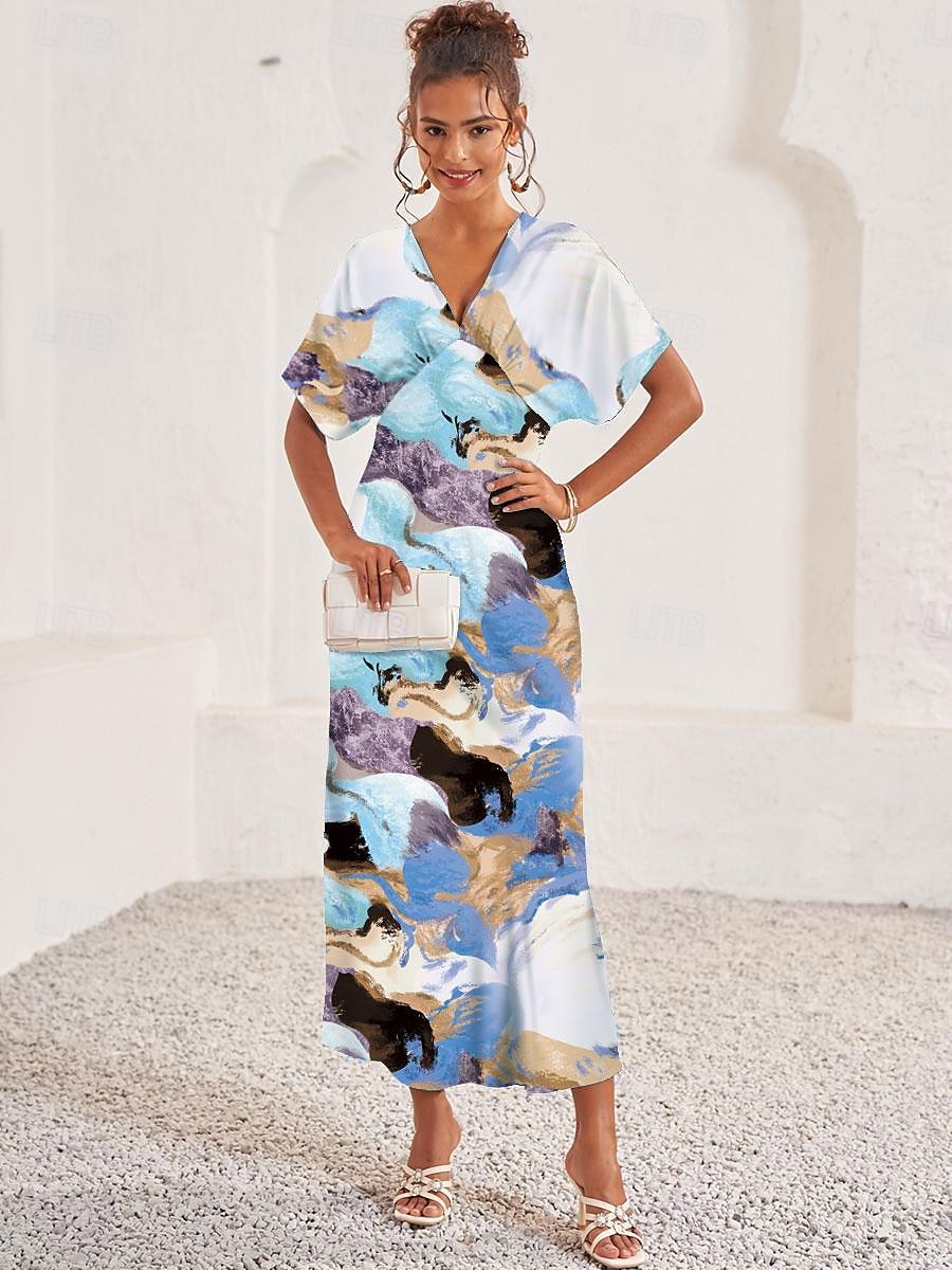 Women's Wedding Guest Dress Elegant Tie Dye Maxi Dress Short Sleeve V Neck Print Loose Fit Daily White Blue Purple Summer Dress 2025 - $59.99 –P8