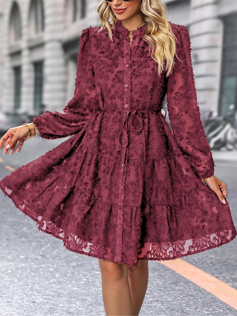 Damen Spitzenkleid Minikleid Angeschnallt Ausgefallene Ständer Langarm Schwarz Wein Marineblau Farbe 2025 - $57.99 –P6