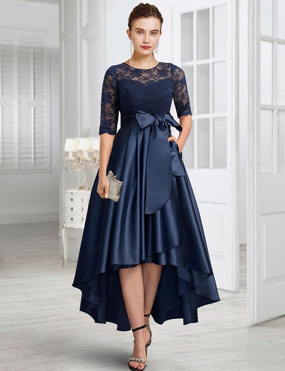 Abito A-Line da Madre della Sposa Abito da Sposa Elegante Alto Basso Collo a Gioiello Lungo fino al tè in Raso Pizzo Maniche Half con Nastro di Pizzo taglia personalizzata gratuita del 2025 a $169.99 –P1