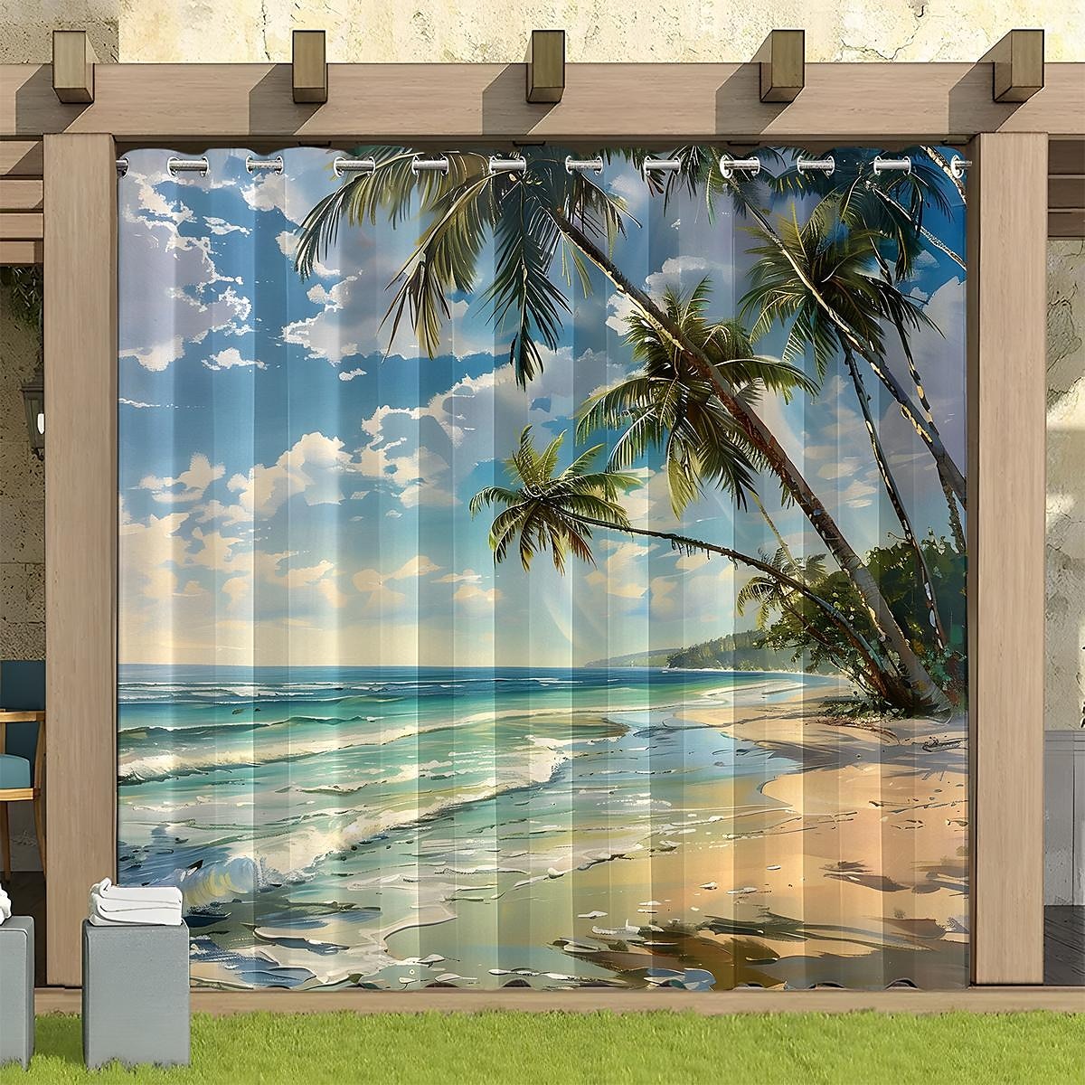 Wasserdichter Outdoor Vorhang Sichtschutzvorhang für den Außenbereich, Schiebevorhänge für die Terrasse, Pergola mit Ösen, Strand-Palmen-Landschaft für Pavillon, Balkon, Veranda, Party, 1 Panel 2025 - $37.99 –P14