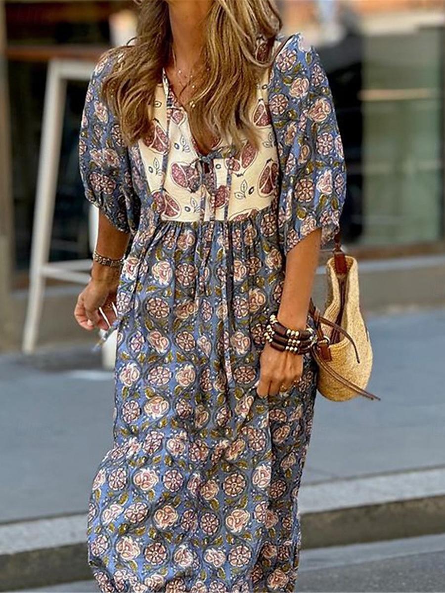 Femme robe longue robe boheme Bohème Vacances Rendez-vous Standard Floral Demi Manches Col V Bleu Eté de 2025 ? $33.99 –P2