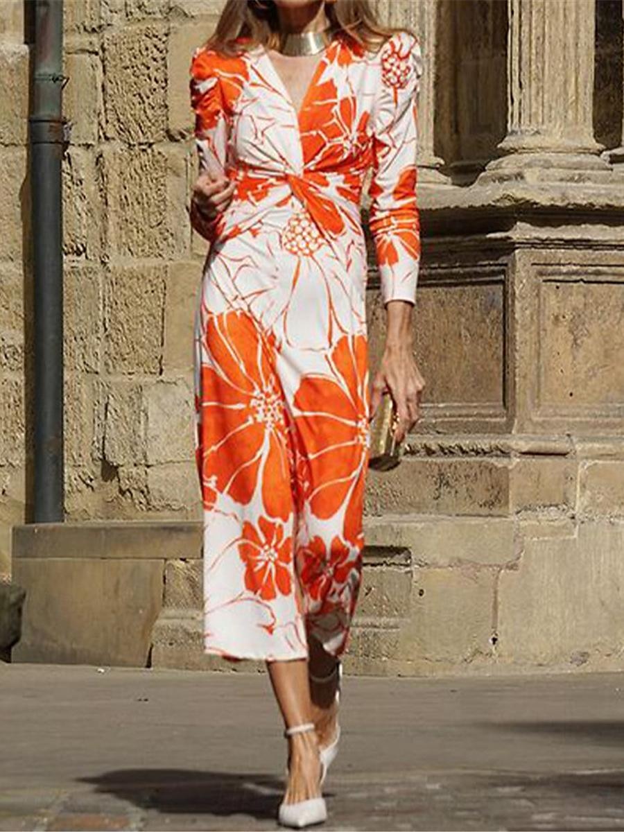dames formele jurk bloemenprint v-hals midi-jurk stijlvolle formele bruiloft feest 3/4 lengte mouw zomer 2025 - $41.99 –P1